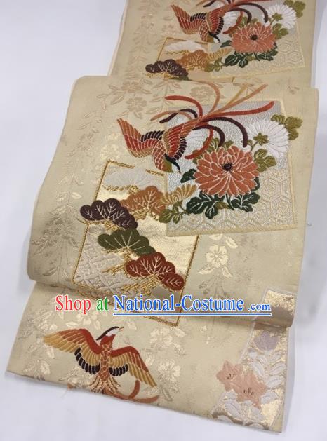 Japanese Classical Phoenix Chrysanthemum Pattern Beige Nishijin Waistband Traditional Kimono Brocade Accessories Yukata Belt for Women