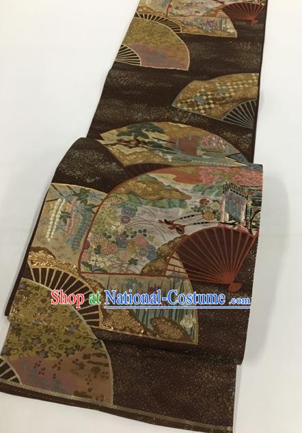 Traditional Japanese Classical Fan Pattern Brown Nishijin Waistband Kimono Brocade Accessories Yukata Belt for Women