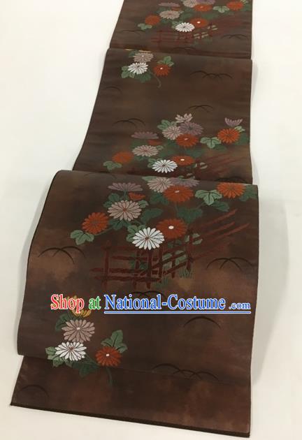 Traditional Japanese Classical Daisy Pattern Brown Nishijin Waistband Kimono Brocade Accessories Yukata Belt for Women