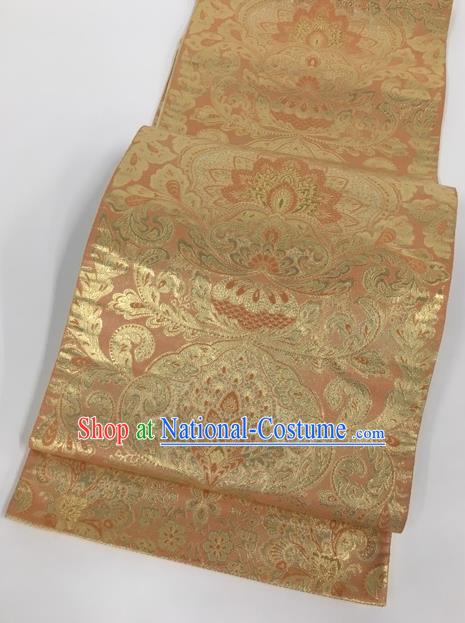 Traditional Japanese Classical Lotus Pattern Golden Nishijin Waistband Kimono Brocade Accessories Yukata Belt for Women