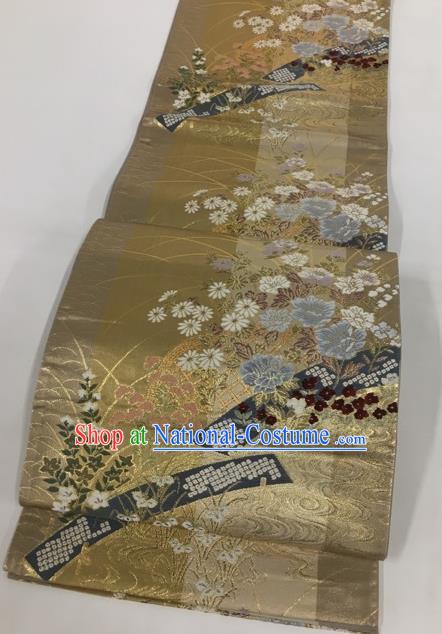 Traditional Japanese Classical Peony Pattern Dark Golden Nishijin Waistband Kimono Brocade Accessories Yukata Belt for Women