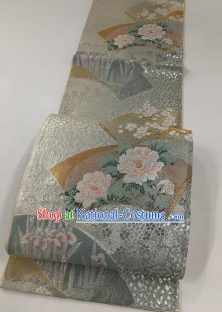 Traditional Japanese Classical Peony Pattern Grey Nishijin Waistband Kimono Brocade Accessories Yukata Belt for Women