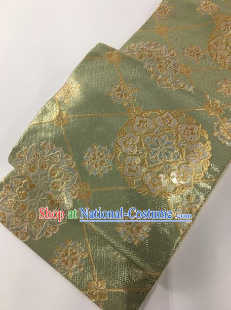 Traditional Japanese Classical Lotus Pattern Green Nishijin Waistband Kimono Brocade Accessories Yukata Belt for Women