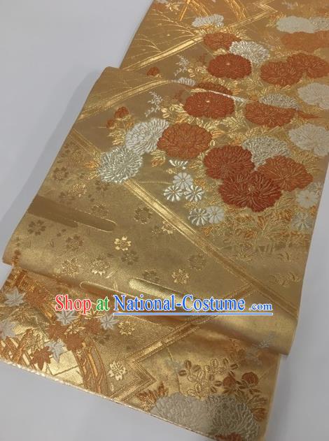 Traditional Japanese Classical Chrysanthemum Peony Pattern Golden Nishijin Waistband Kimono Brocade Accessories Yukata Belt for Women