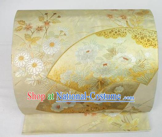 Traditional Japanese Classical Cornflower Peony Pattern Yellow Nishijin Waistband Kimono Brocade Accessories Yukata Belt for Women