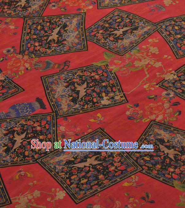 Chinese Traditional Classical Crane Wintersweet Pattern Design Red Gambiered Guangdong Gauze Asian Brocade Silk Fabric