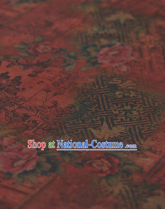 Chinese Traditional Classical Peony Pavilion Pattern Design Red Gambiered Guangdong Gauze Asian Brocade Silk Fabric