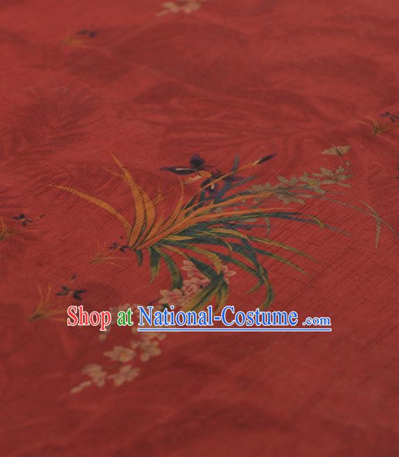 Chinese Traditional Classical Orchid Pattern Design Red Gambiered Guangdong Gauze Asian Brocade Silk Fabric