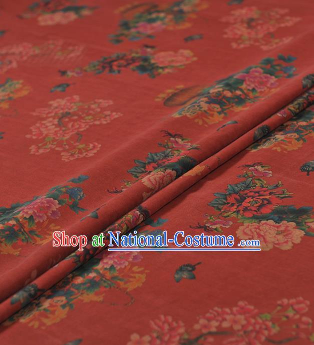 Chinese Traditional Classical Peony Flowers Pattern Design Red Gambiered Guangdong Gauze Asian Brocade Silk Fabric