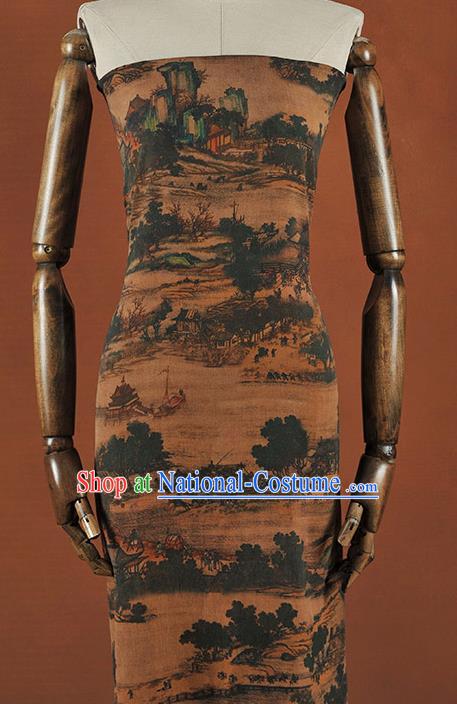 Chinese Traditional Classical Changan View Pattern Design Brown Gambiered Guangdong Gauze Asian Brocade Silk Fabric