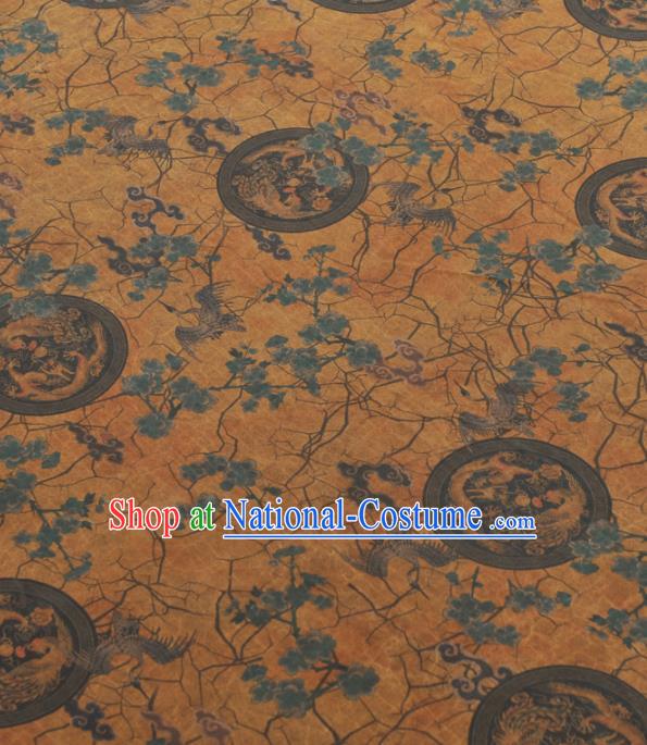 Chinese Traditional Dragon Phoenix Crane Pattern Design Yellow Gambiered Guangdong Gauze Asian Brocade Silk Fabric