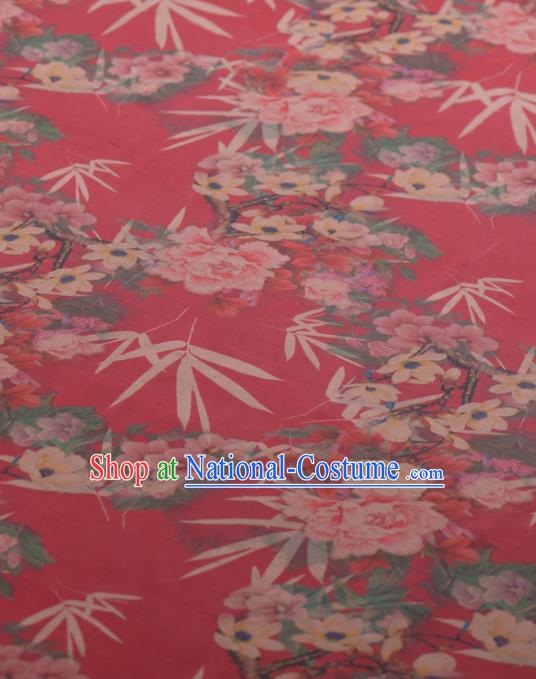 Chinese Classical Bamboo Peony Pattern Design Rosy Gambiered Guangdong Gauze Traditional Asian Brocade Silk Fabric