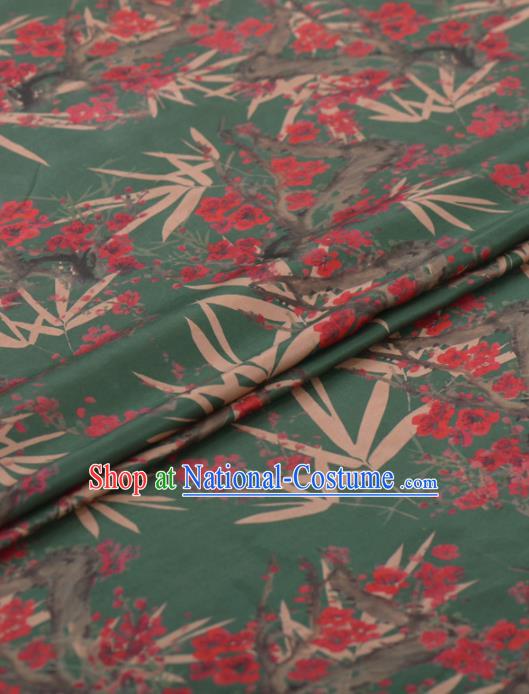 Chinese Classical Bamboo Plum Blossom Pattern Design Green Gambiered Guangdong Gauze Traditional Asian Brocade Silk Fabric