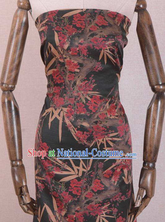 Chinese Classical Bamboo Plum Blossom Pattern Design Black Gambiered Guangdong Gauze Traditional Asian Brocade Silk Fabric