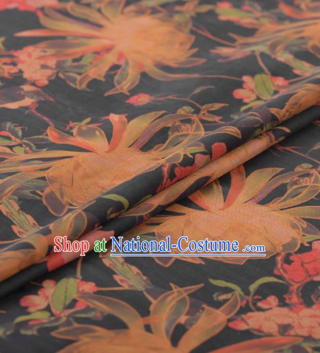 Chinese Classical Ottelia Acuminata Pattern Design Black Gambiered Guangdong Gauze Traditional Asian Brocade Silk Fabric