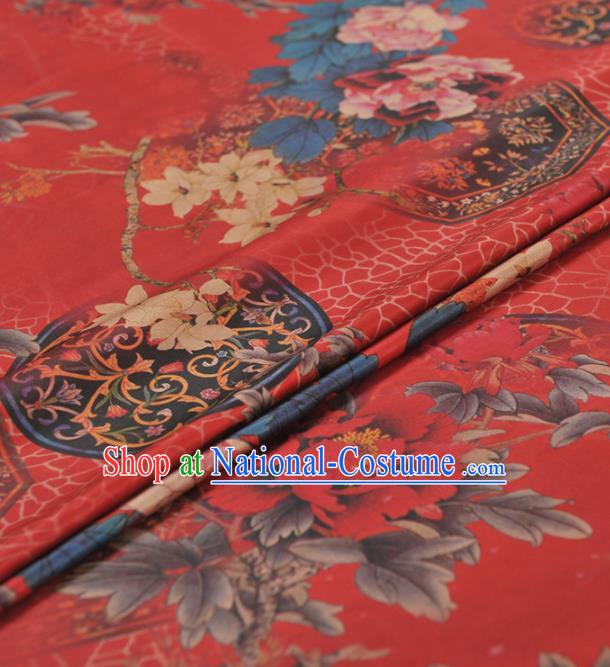 Chinese Classical Peony Pattern Design Red Gambiered Guangdong Gauze Traditional Asian Brocade Silk Fabric