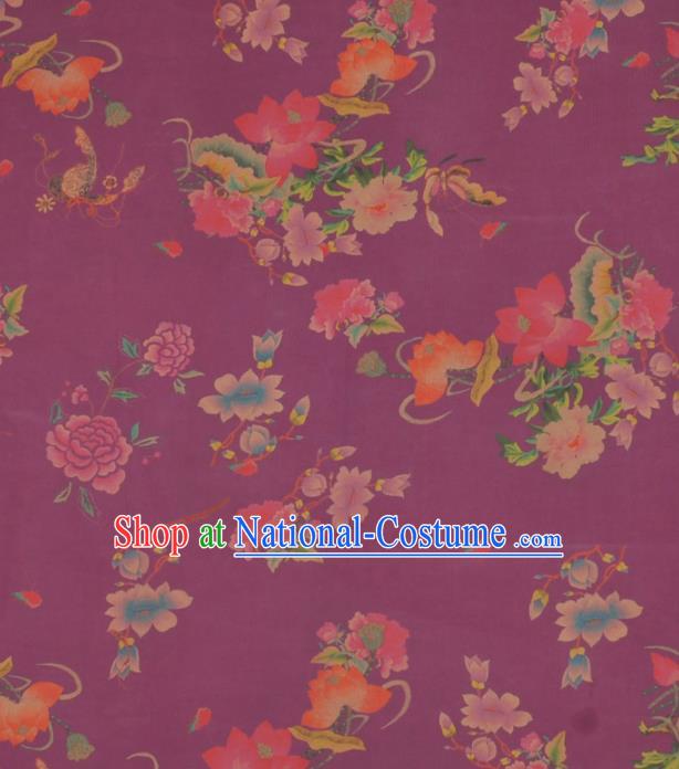 Chinese Classical Lotus Peony Pattern Design Purple Gambiered Guangdong Gauze Traditional Asian Brocade Silk Fabric