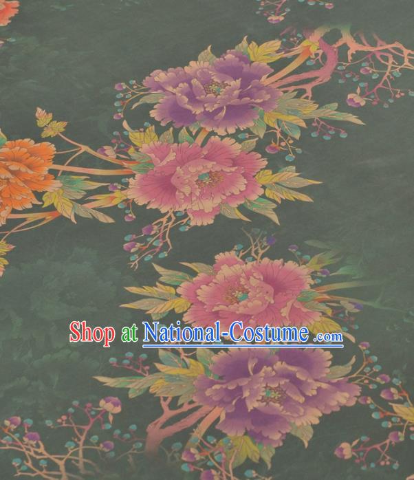 Chinese Classical Peony Pattern Design Olive Green Gambiered Guangdong Gauze Traditional Asian Brocade Silk Fabric