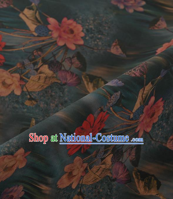 Chinese Classical Lotus Pattern Design Blue Gambiered Guangdong Gauze Traditional Asian Brocade Silk Fabric