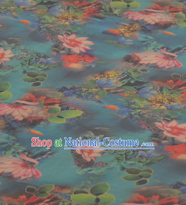 Asian Chinese Classical Lotus Pattern Green Gambiered Guangdong Gauze Traditional Cheongsam Brocade Silk Fabric