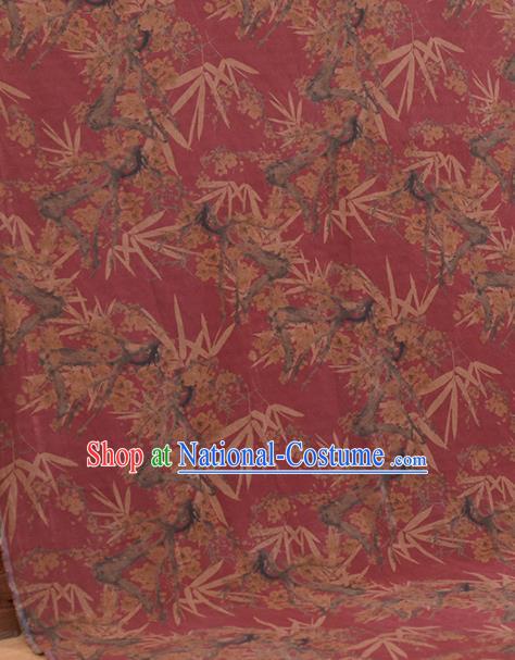 Asian Chinese Classical Plum Bamboo Leaf Pattern Wine Red Gambiered Guangdong Gauze Traditional Cheongsam Brocade Silk Fabric