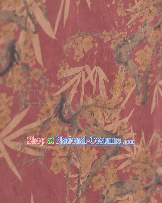 Asian Chinese Classical Plum Bamboo Leaf Pattern Wine Red Gambiered Guangdong Gauze Traditional Cheongsam Brocade Silk Fabric