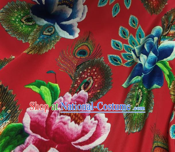 Asian Chinese Classical Lotus Pattern Red Brocade Satin Drapery Traditional Cheongsam Brocade Silk Fabric