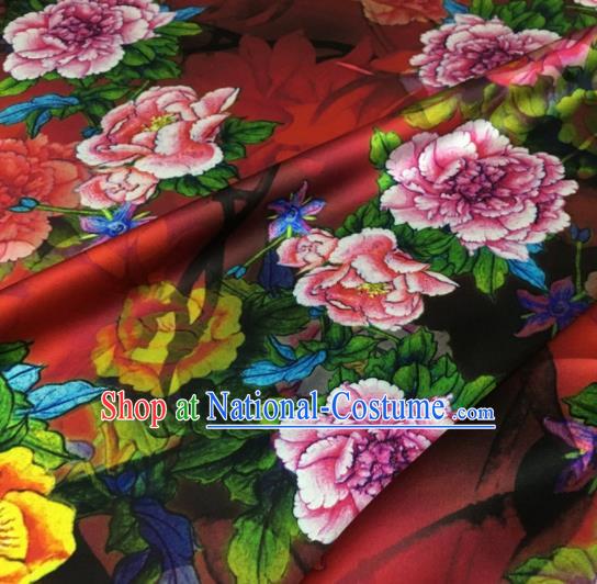 Asian Chinese Classical Peony Pattern Red Brocade Satin Drapery Traditional Cheongsam Brocade Silk Fabric