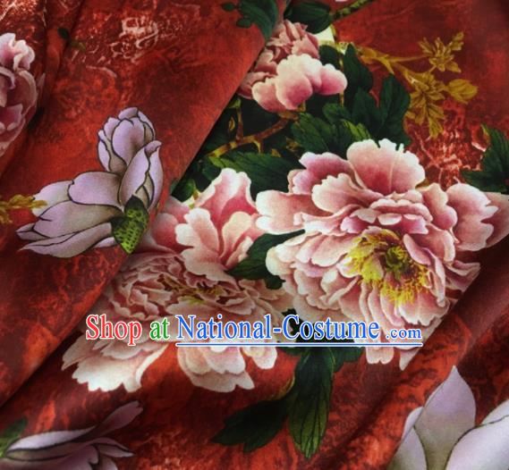 Asian Chinese Classical Peony Magnolia Pattern Red Brocade Satin Drapery Traditional Cheongsam Brocade Silk Fabric