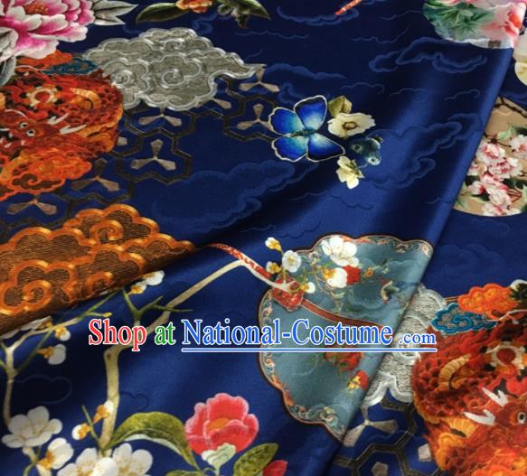 Asian Chinese Classical Dragon Peony Pattern Royalblue Brocade Satin Drapery Traditional Cheongsam Brocade Silk Fabric