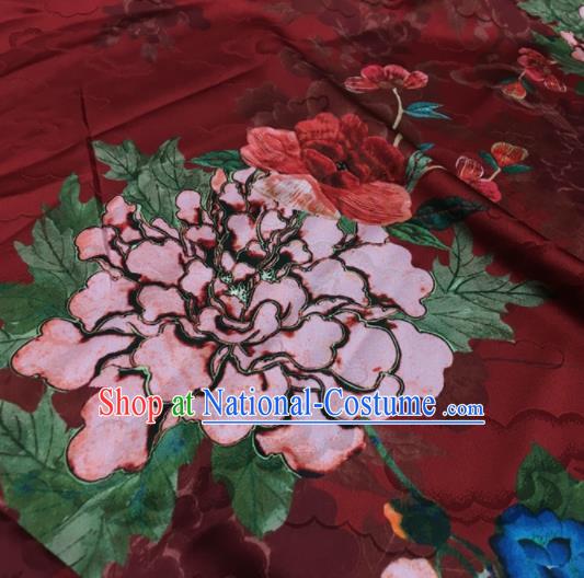 Asian Chinese Classical Peony Pattern Wine Red Brocade Satin Drapery Traditional Cheongsam Brocade Silk Fabric