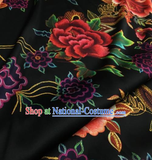 Asian Chinese Classical Peony Pattern Black Brocade Satin Drapery Traditional Cheongsam Brocade Silk Fabric