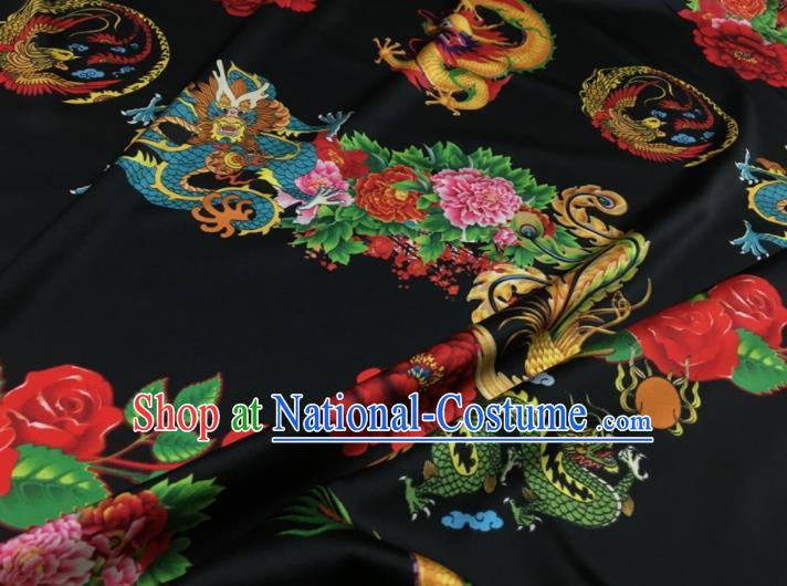 Asian Chinese Classical Dragon Peony Pattern Black Brocade Satin Drapery Traditional Cheongsam Brocade Silk Fabric