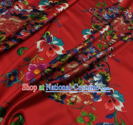 Asian Chinese Classical Round Peony Pattern Red Brocade Satin Drapery Traditional Cheongsam Brocade Silk Fabric