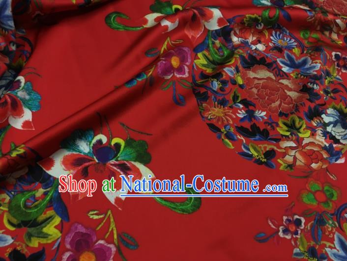 Asian Chinese Classical Round Peony Pattern Red Brocade Satin Drapery Traditional Cheongsam Brocade Silk Fabric