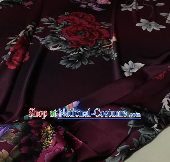 Asian Chinese Classical Peony Pattern Deep Purple Brocade Satin Drapery Traditional Cheongsam Brocade Silk Fabric