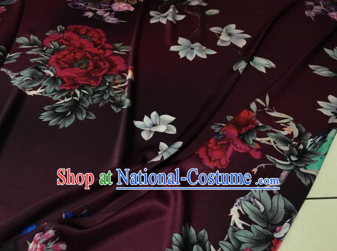 Asian Chinese Classical Peony Pattern Deep Purple Brocade Satin Drapery Traditional Cheongsam Brocade Silk Fabric