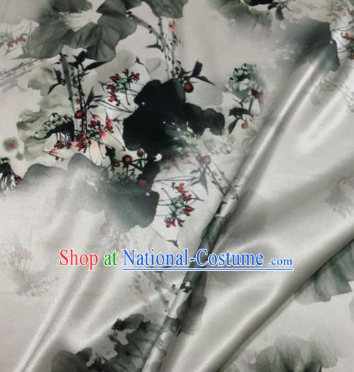 Asian Chinese Classical Ink Painting Lotus Pattern White Brocade Satin Drapery Traditional Cheongsam Brocade Silk Fabric