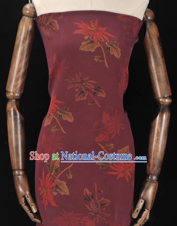 Asian Chinese Classical Maple Leaf Pattern Wine Red Gambiered Guangdong Gauze Traditional Cheongsam Brocade Silk Fabric