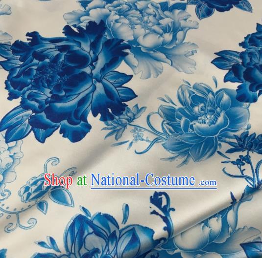 Asian Chinese Classical Blue Peony Pattern White Brocade Satin Drapery Traditional Cheongsam Brocade Silk Fabric