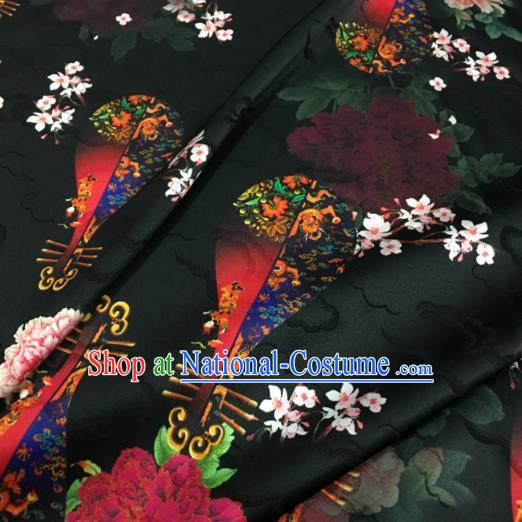 Asian Chinese Classical Lute Peony Pattern Black Brocade Satin Drapery Traditional Cheongsam Brocade Silk Fabric