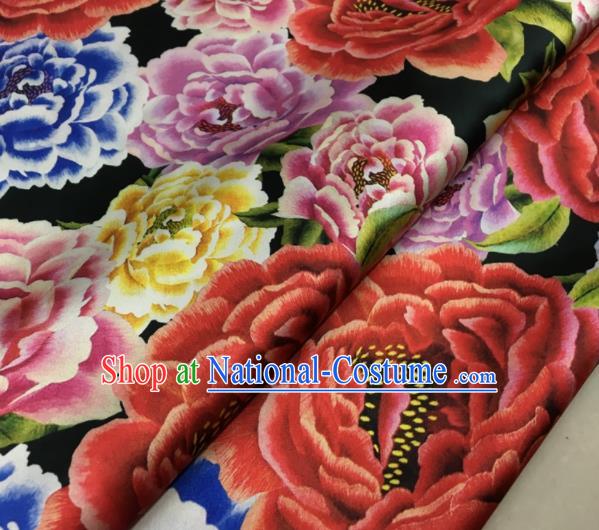 Asian Chinese Classical Peony Pattern Black Brocade Satin Drapery Traditional Cheongsam Brocade Silk Fabric