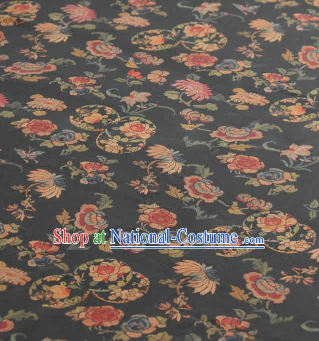 Asian Chinese Classical Chrysanthemum Peony Pattern Navy Gambiered Guangdong Gauze Traditional Cheongsam Brocade Silk Fabric