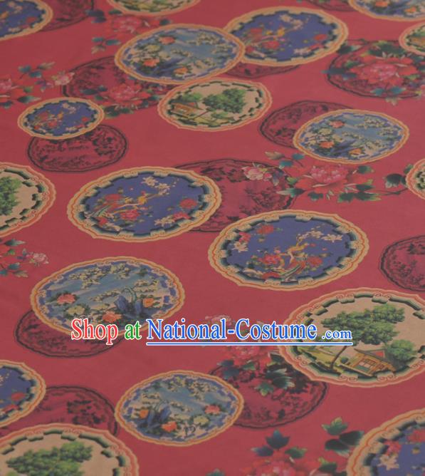 Asian Chinese Classical Peony Pavilion Pattern Red Gambiered Guangdong Gauze Traditional Cheongsam Brocade Silk Fabric