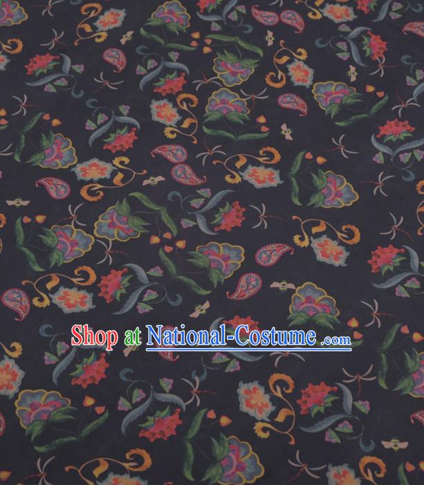 Asian Chinese Classical Flowers Pattern Black Gambiered Guangdong Gauze Traditional Cheongsam Brocade Silk Fabric