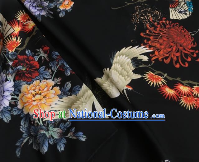 Asian Chinese Classical Chrysanthemum Crane Peony Pattern Black Brocade Satin Drapery Traditional Cheongsam Brocade Silk Fabric