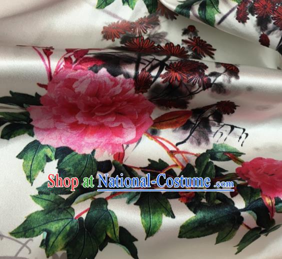 Asian Chinese Classical Chrysanthemum Peony Pattern White Brocade Satin Drapery Traditional Cheongsam Brocade Silk Fabric