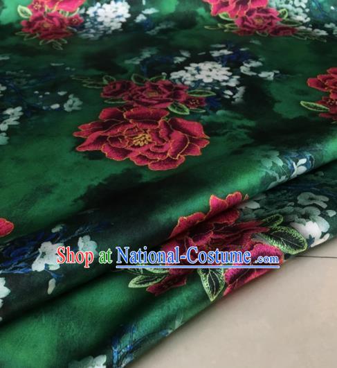 Asian Chinese Classical Peony Pattern Deep Green Brocade Satin Drapery Traditional Cheongsam Brocade Silk Fabric