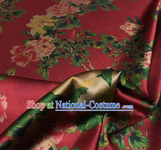 Asian Chinese Classical Peony Pattern Purplish Red Brocade Satin Drapery Traditional Cheongsam Brocade Silk Fabric