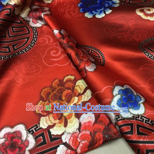 Asian Chinese Classical Cloud Peony Pattern Red Brocade Satin Drapery Traditional Cheongsam Brocade Silk Fabric